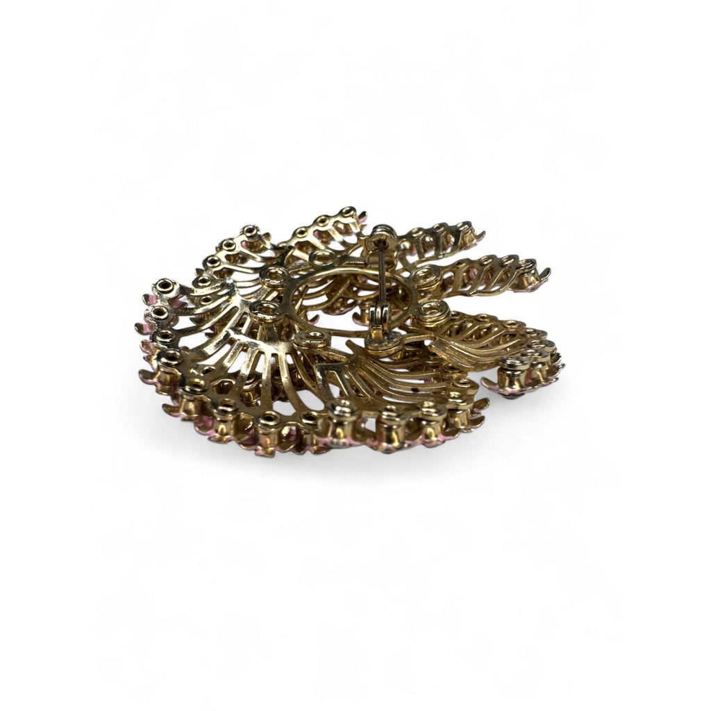 Vintage Pink Enamel Clear Rhinestone Floral Brooch Clip On Earrings Set