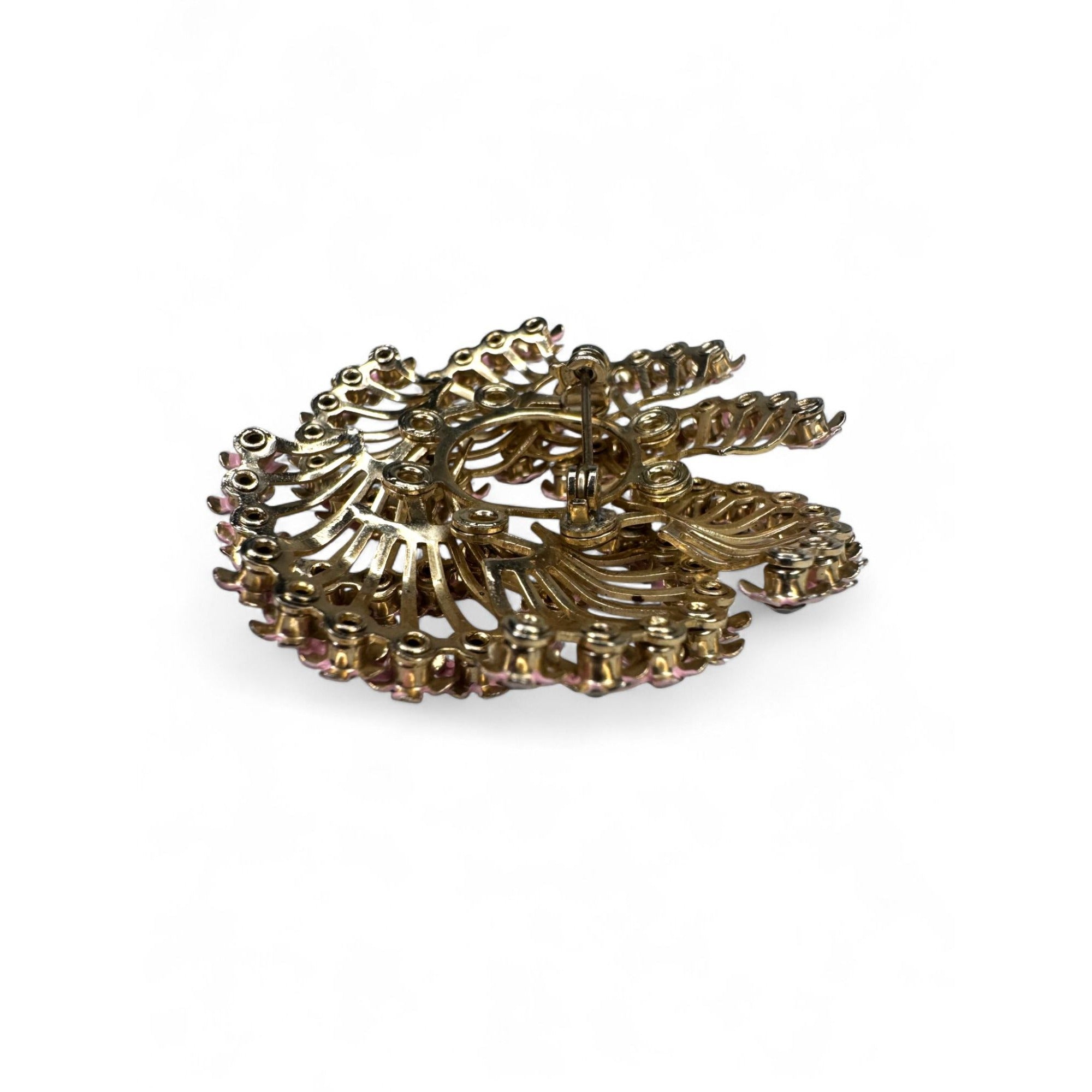 Vintage Pink Enamel Clear Rhinestone Floral Brooch Clip On Earrings Set