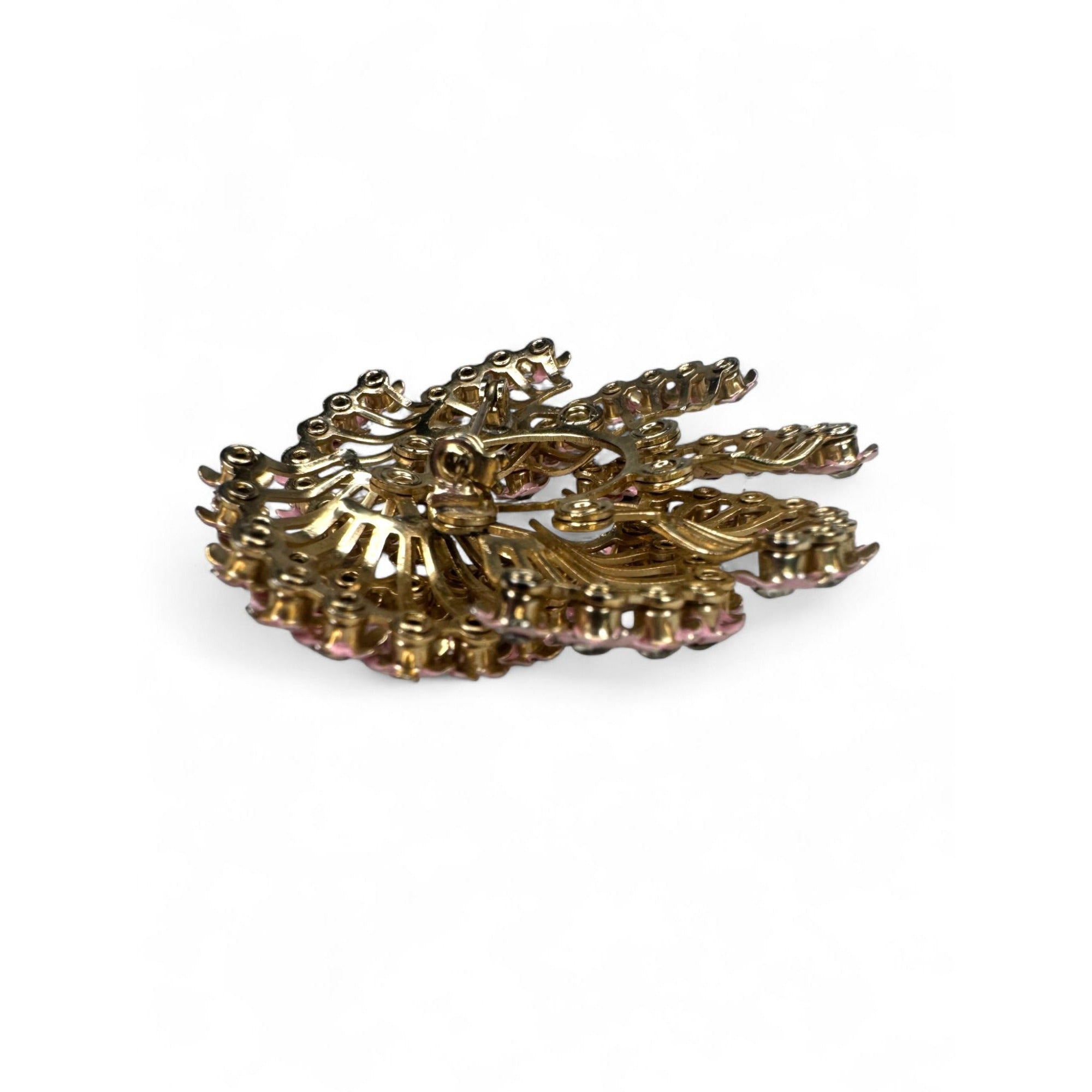 Vintage Pink Enamel Clear Rhinestone Floral Brooch Clip On Earrings Set