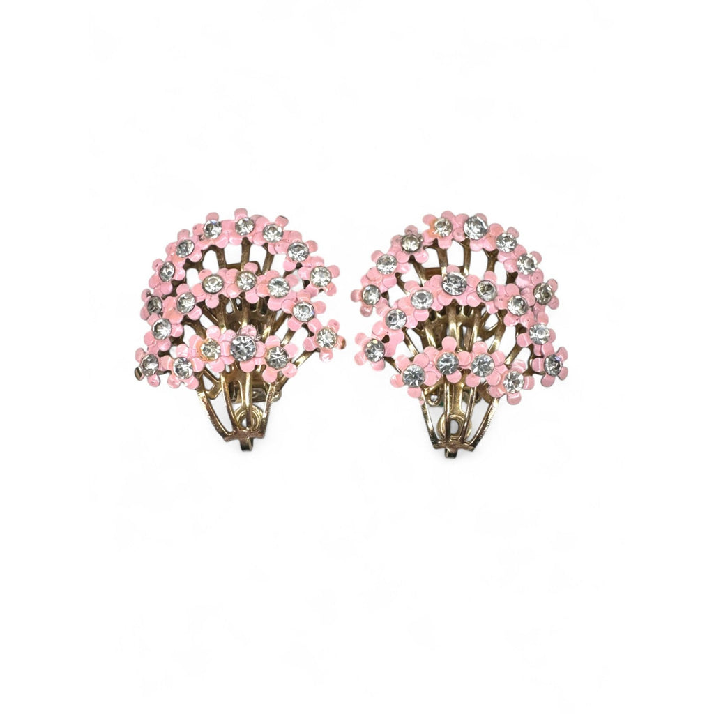Vintage Pink Enamel Clear Rhinestone Floral Brooch Clip On Earrings Set