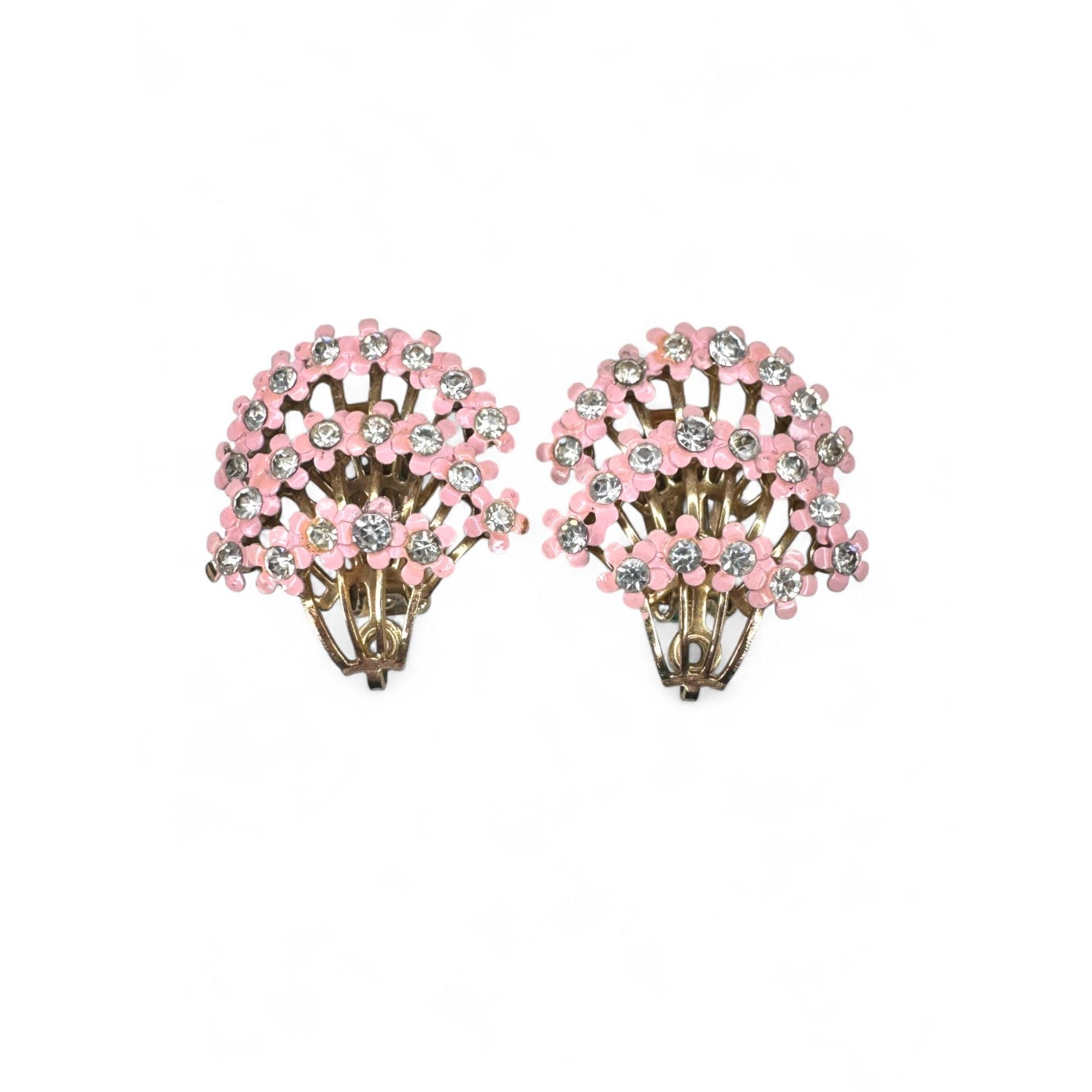 Vintage Pink Enamel Clear Rhinestone Floral Brooch Clip On Earrings Set