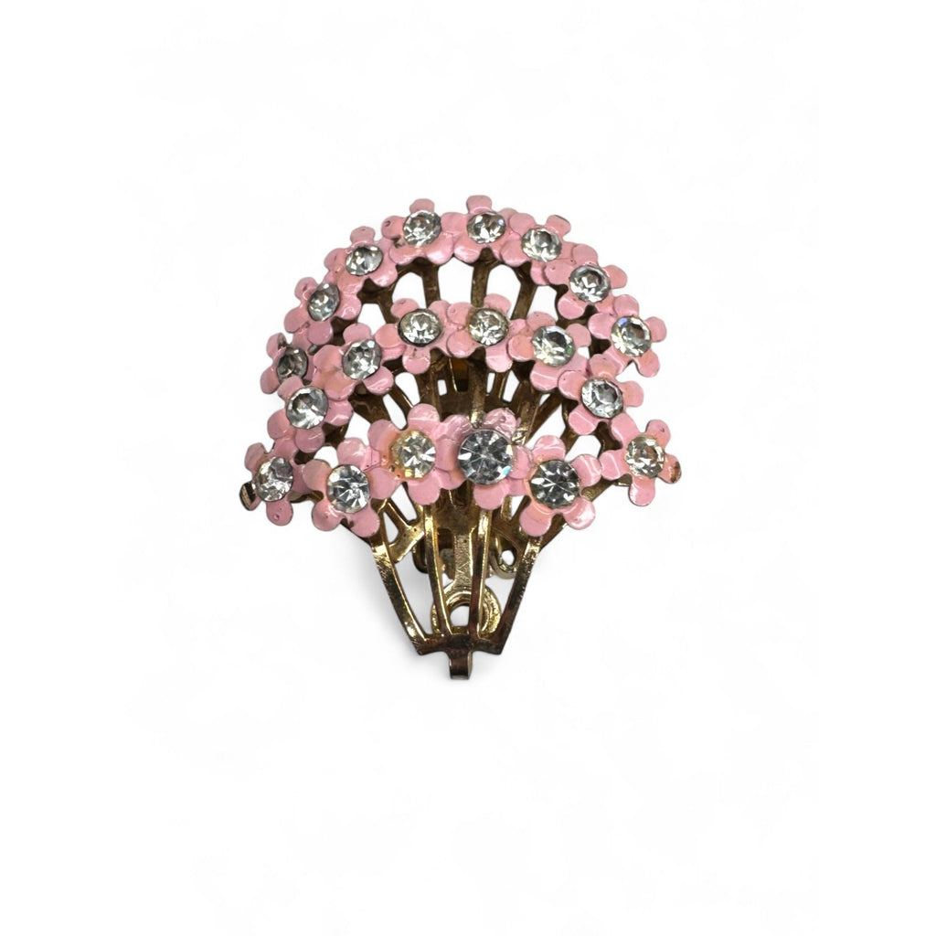 Vintage Pink Enamel Clear Rhinestone Floral Brooch Clip On Earrings Set