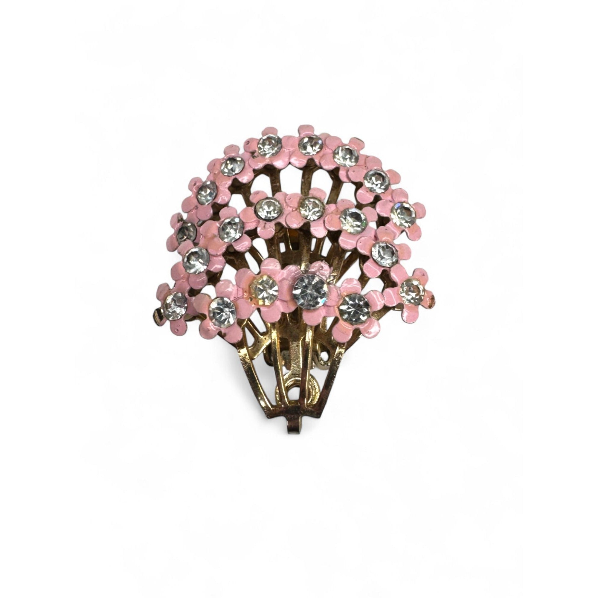 Vintage Pink Enamel Clear Rhinestone Floral Brooch Clip On Earrings Set