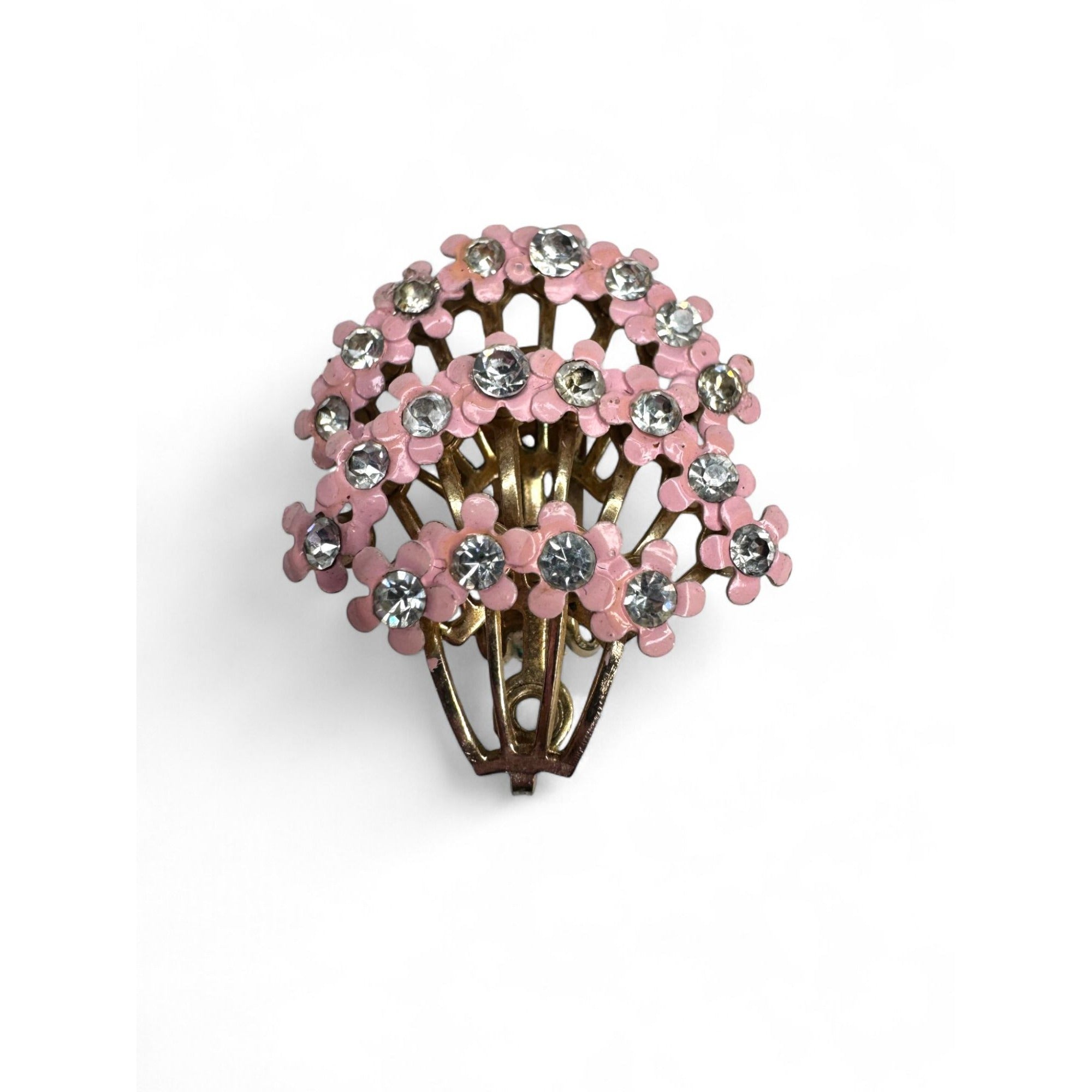 Vintage Pink Enamel Clear Rhinestone Floral Brooch Clip On Earrings Set