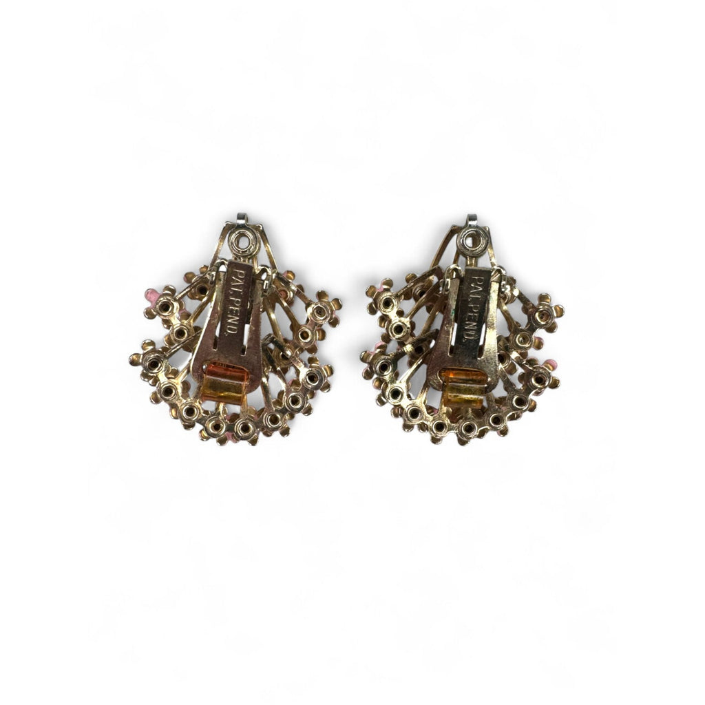 Vintage Pink Enamel Clear Rhinestone Floral Brooch Clip On Earrings Set