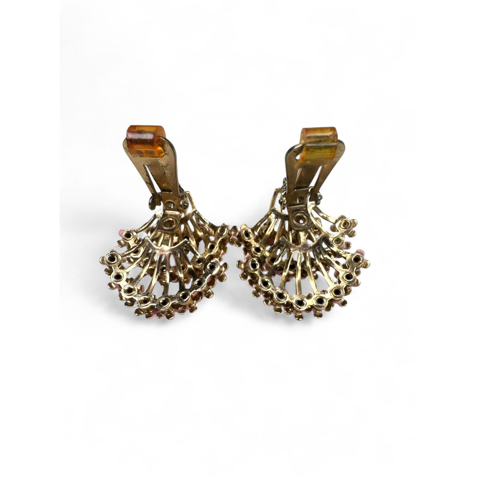 Vintage Pink Enamel Clear Rhinestone Floral Brooch Clip On Earrings Set