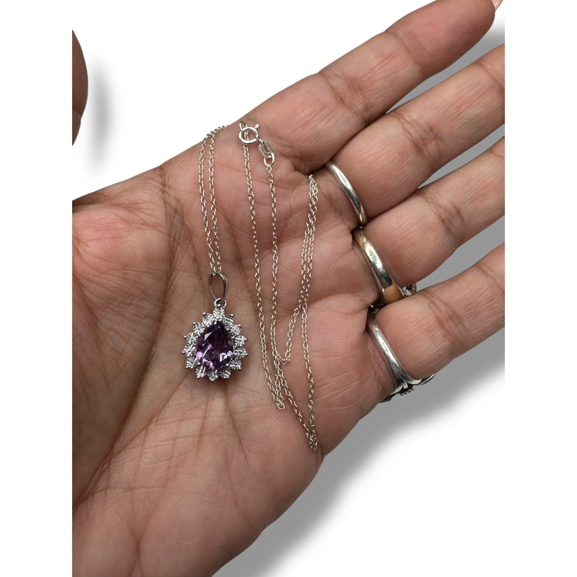 DIAG Sterling Silver Necklace Amethyst Diamond Pendant 18"