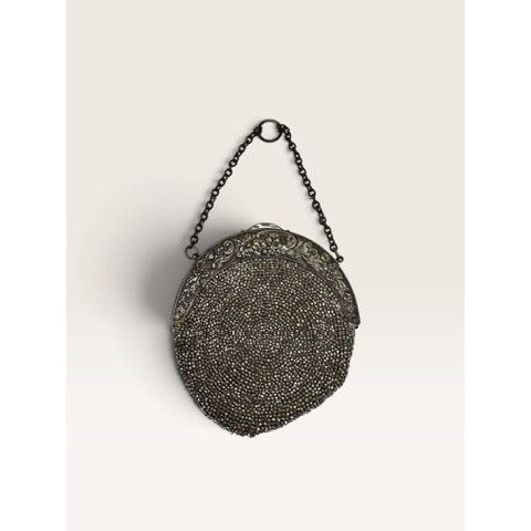 Antique Victorian Cut Steel Micro Beaded Chatelaine Bag Coin Purse Round