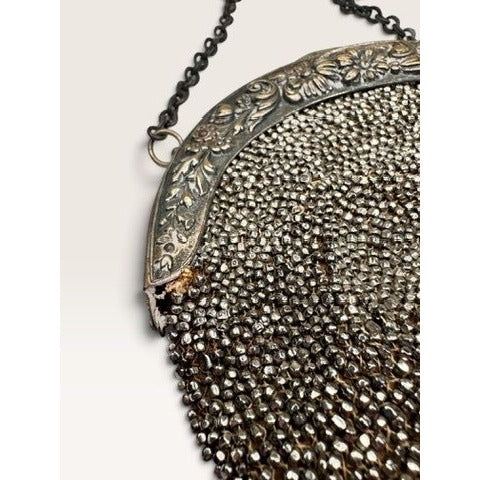 Antique Victorian Cut Steel Micro Beaded Chatelaine Bag Coin Purse Round