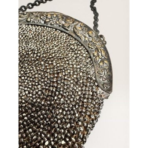 Antique Victorian Cut Steel Micro Beaded Chatelaine Bag Coin Purse Round