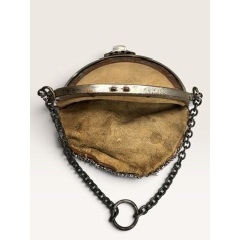 Antique Victorian Cut Steel Micro Beaded Chatelaine Bag Coin Purse Round