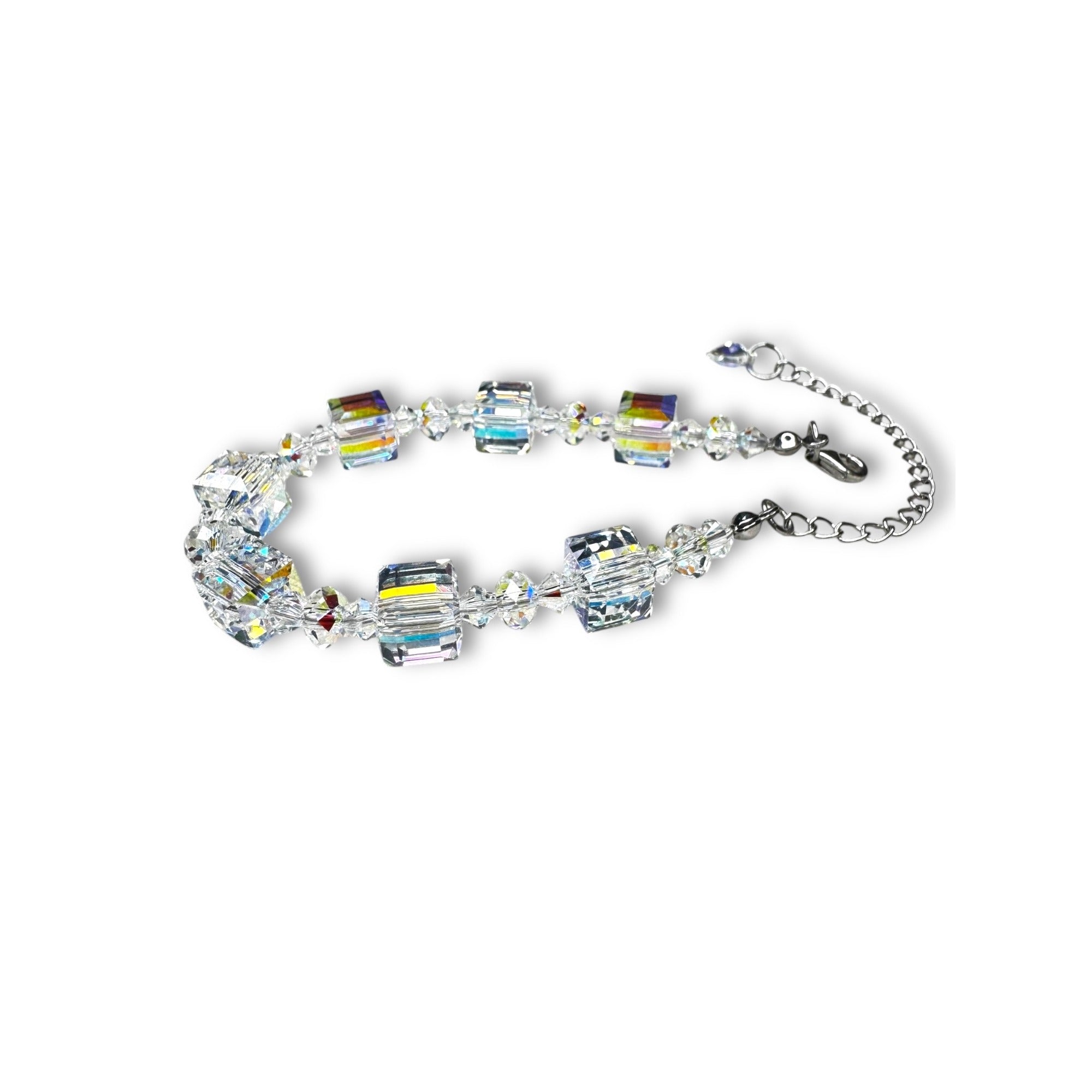 Sterling Silver Crystal Bracelet Aurora Borealis Cubes Adjustable 6.5"-9"
