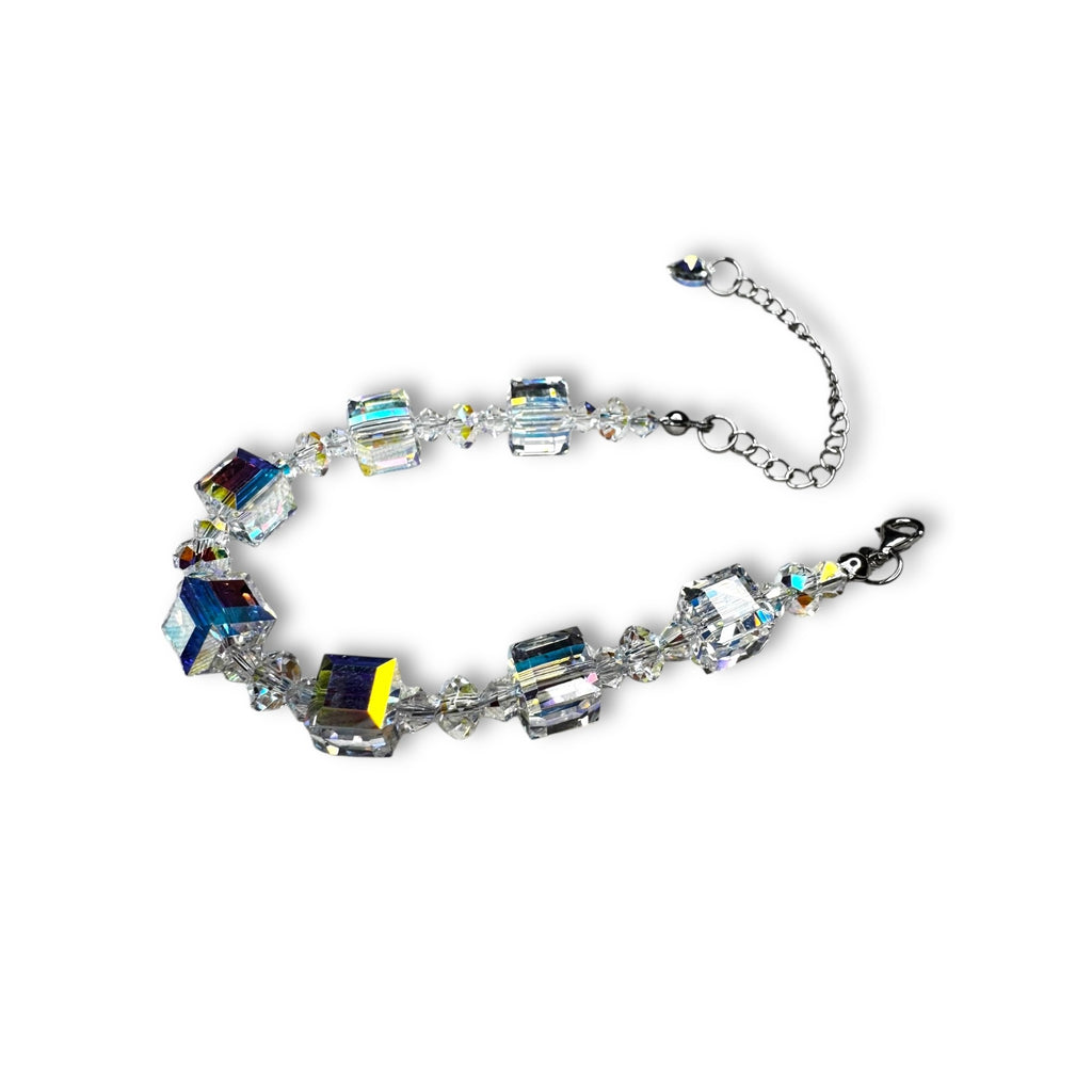 Sterling Silver Crystal Bracelet Aurora Borealis Cubes Adjustable 6.5"-9"