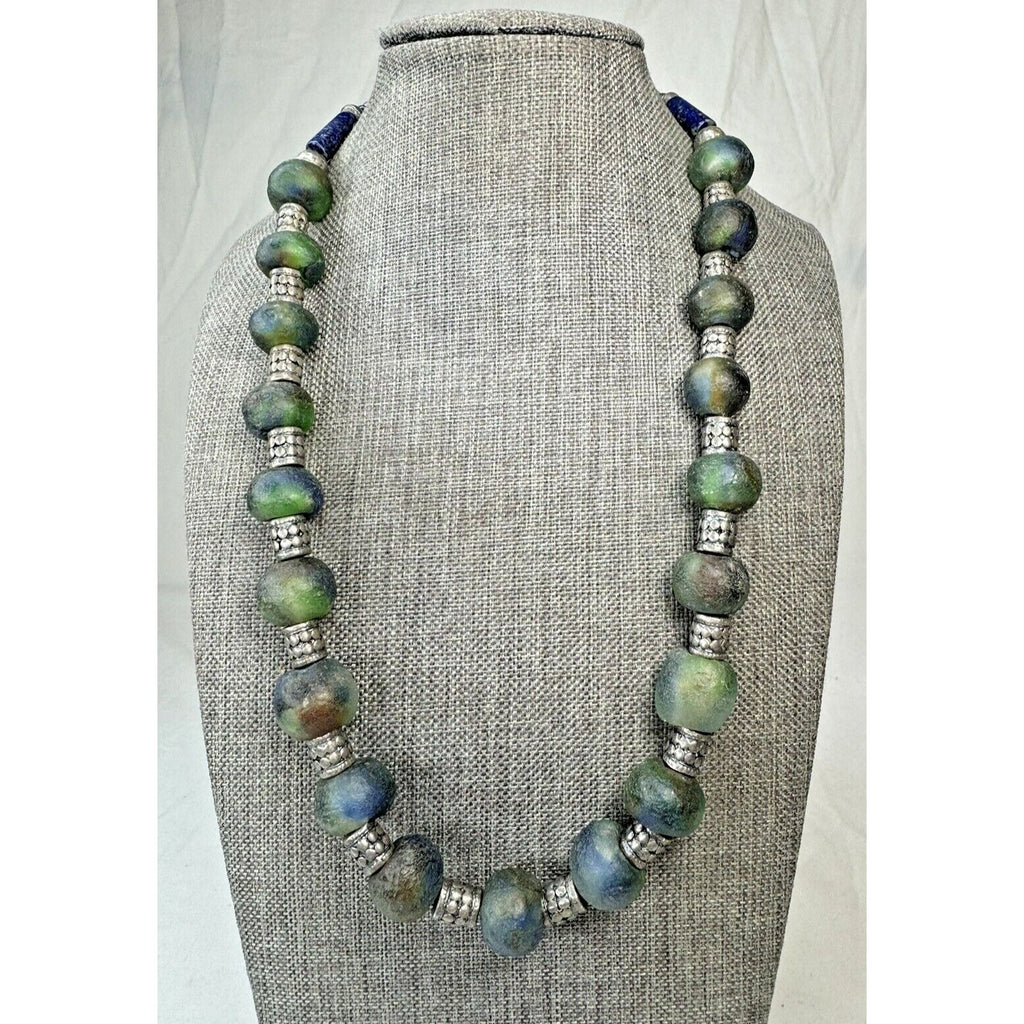 African Sea Glass & Lapis Bead Necklace 21” Boho Tribal Pendant Toggle