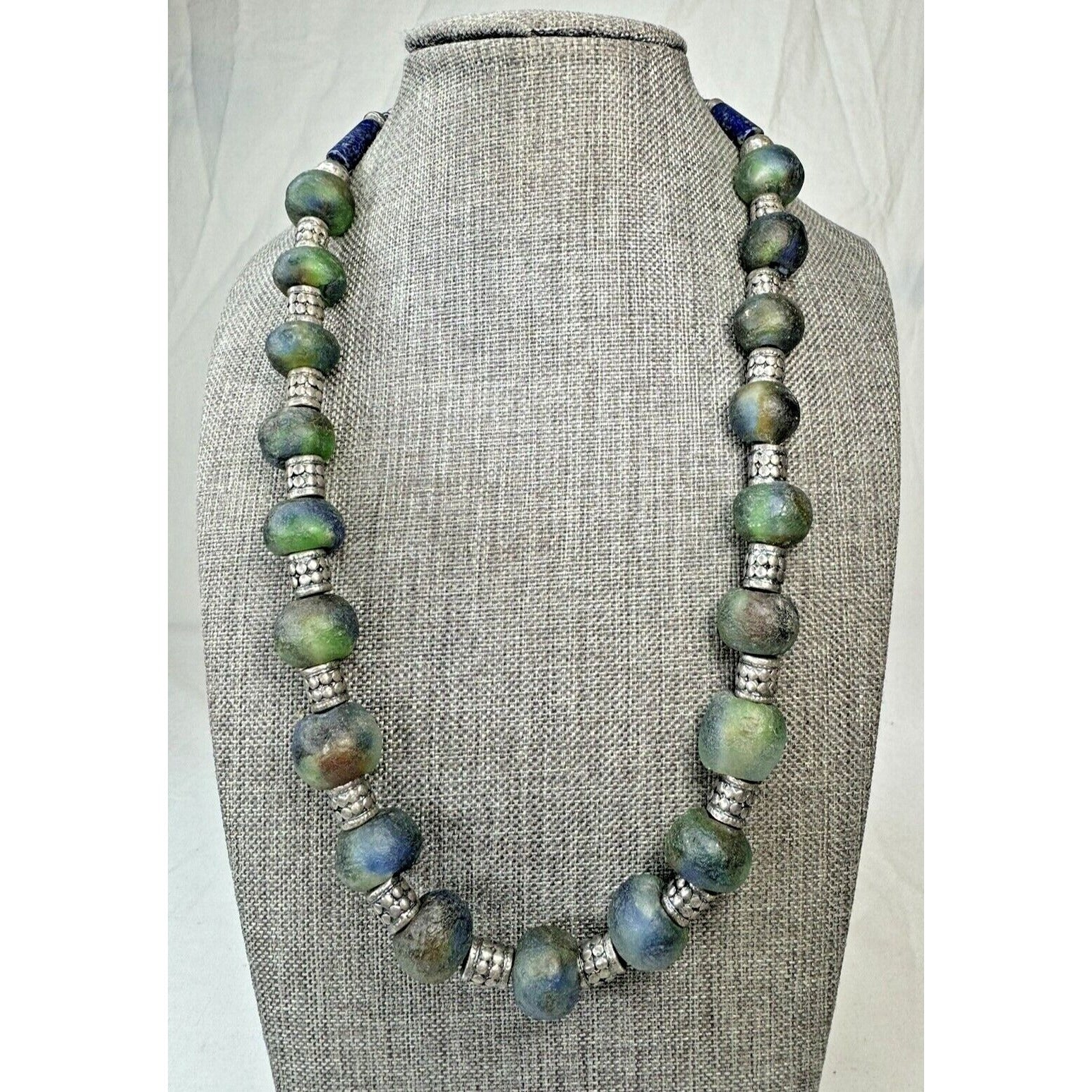 African Sea Glass & Lapis Bead Necklace 21” Boho Tribal Pendant Toggle