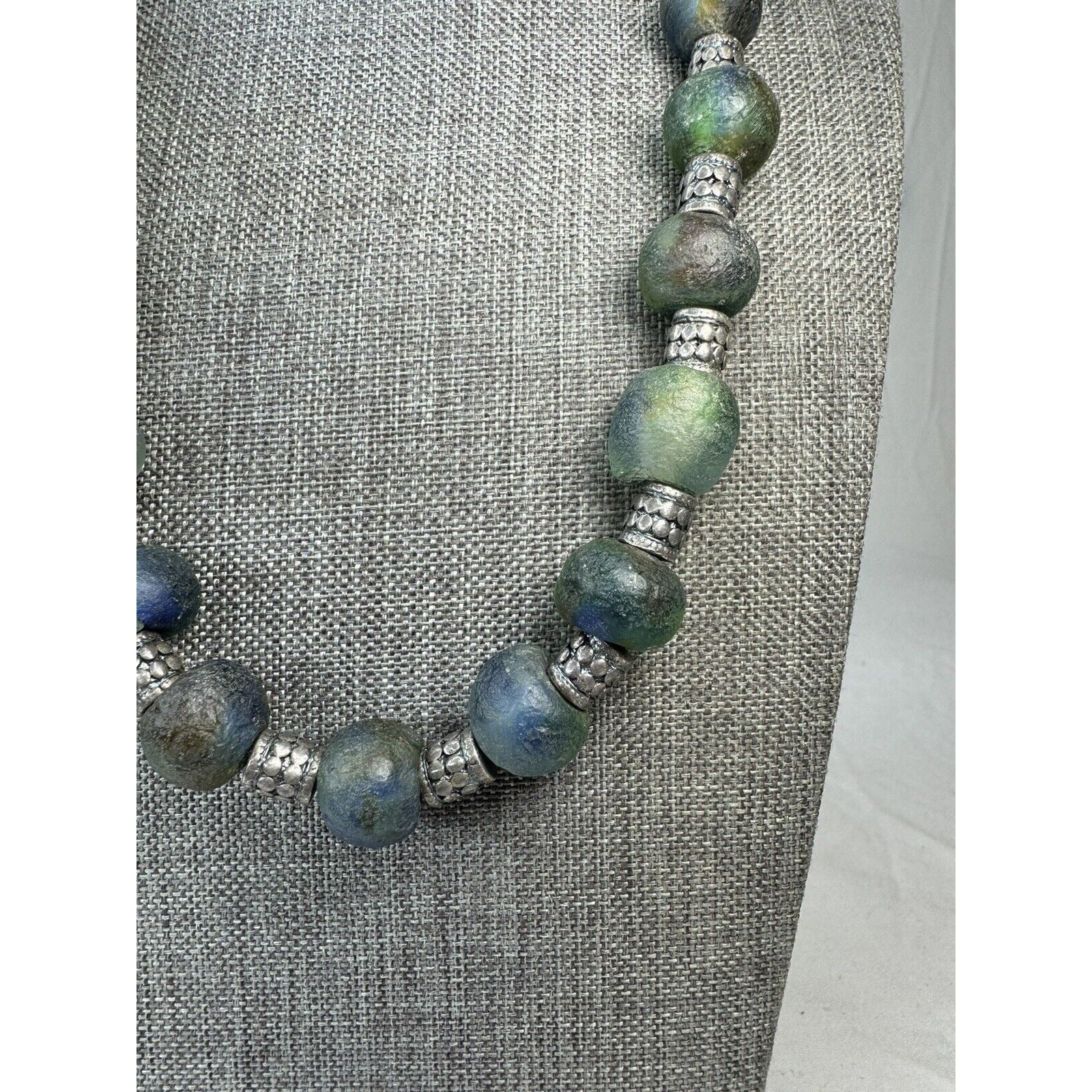 African Sea Glass & Lapis Bead Necklace 21” Boho Tribal Pendant Toggle