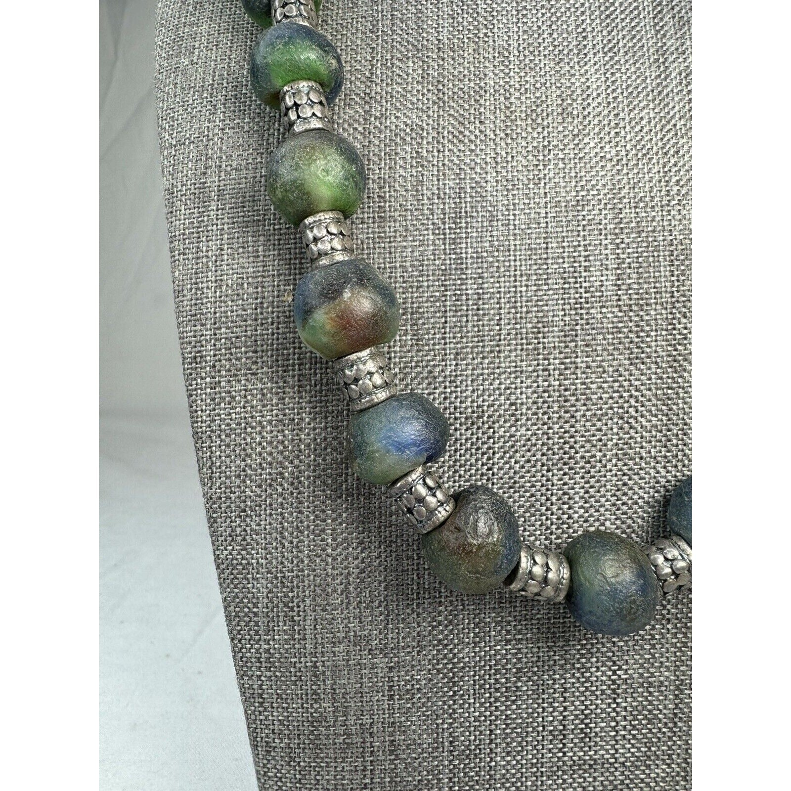 African Sea Glass & Lapis Bead Necklace 21” Boho Tribal Pendant Toggle