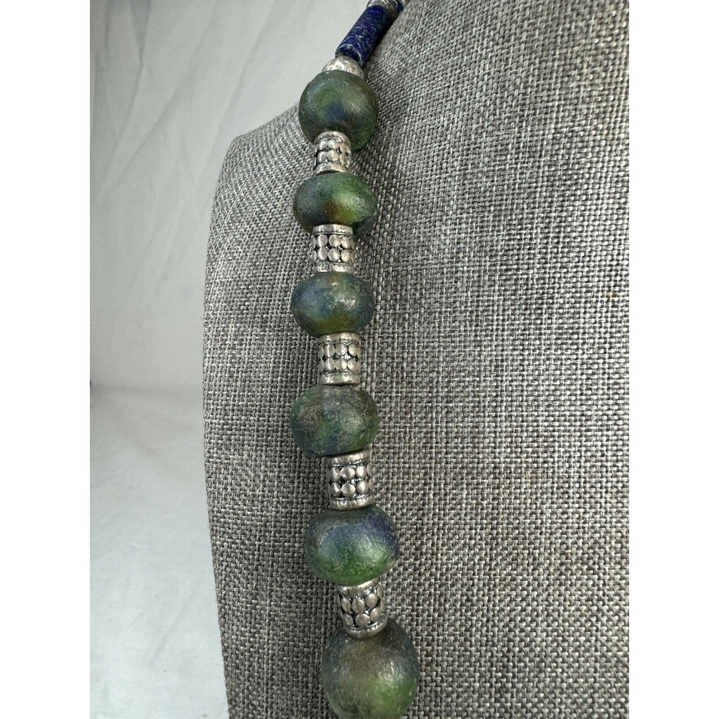 African Sea Glass & Lapis Bead Necklace 21” Boho Tribal Pendant Toggle