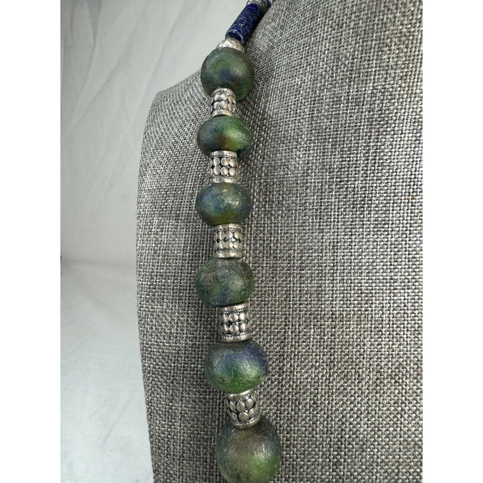 African Sea Glass & Lapis Bead Necklace 21” Boho Tribal Pendant Toggle