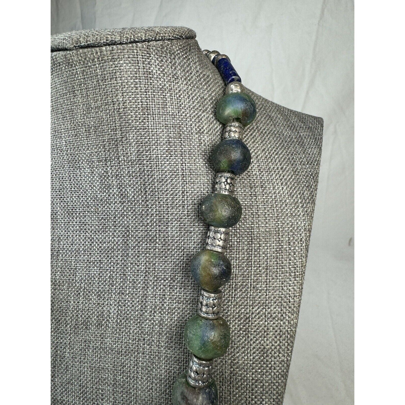 African Sea Glass & Lapis Bead Necklace 21” Boho Tribal Pendant Toggle