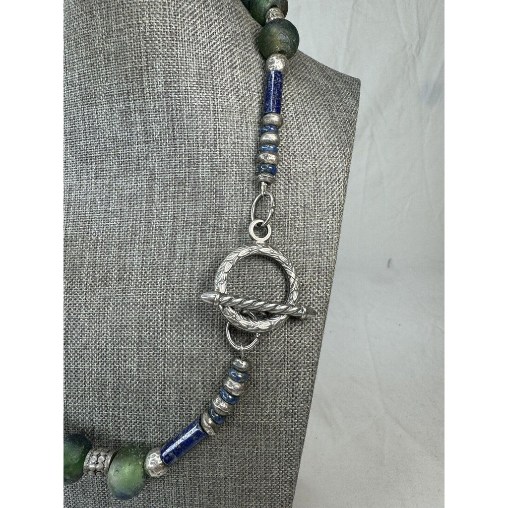 African Sea Glass & Lapis Bead Necklace 21” Boho Tribal Pendant Toggle