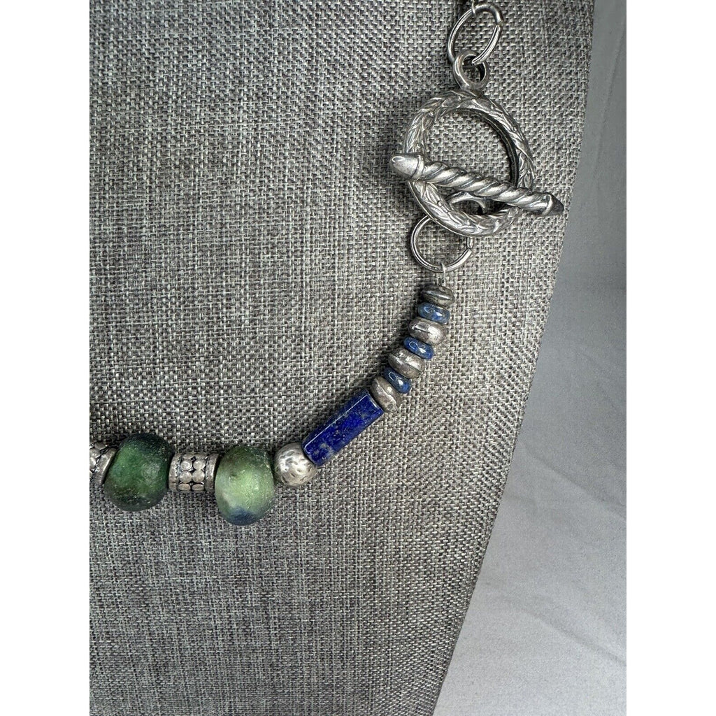 African Sea Glass & Lapis Bead Necklace 21” Boho Tribal Pendant Toggle