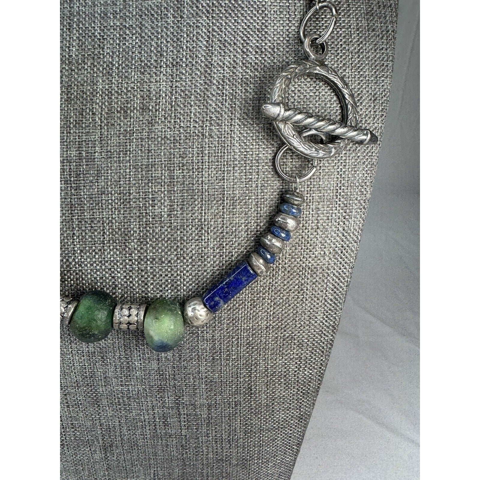 African Sea Glass & Lapis Bead Necklace 21” Boho Tribal Pendant Toggle
