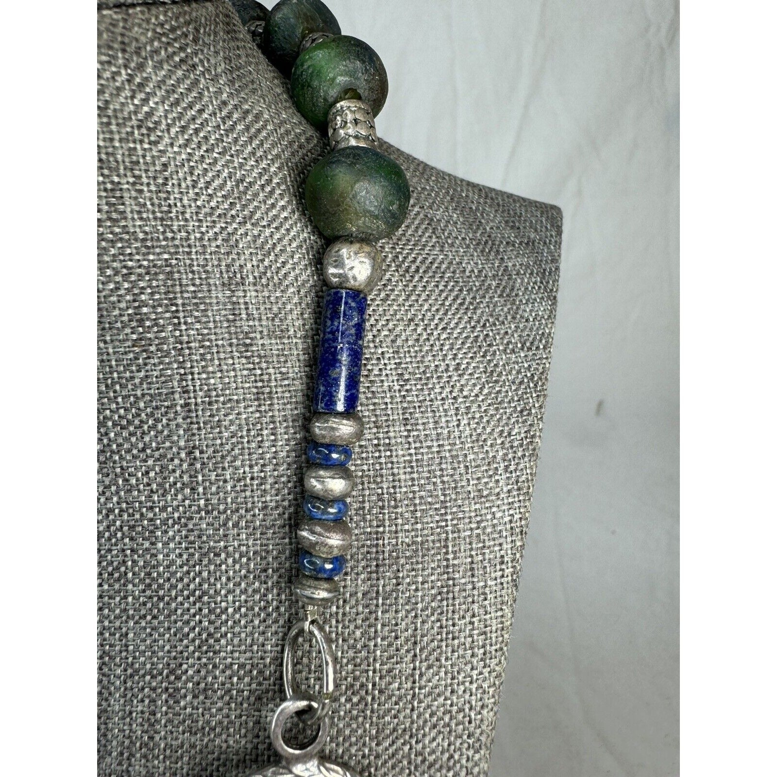 African Sea Glass & Lapis Bead Necklace 21” Boho Tribal Pendant Toggle