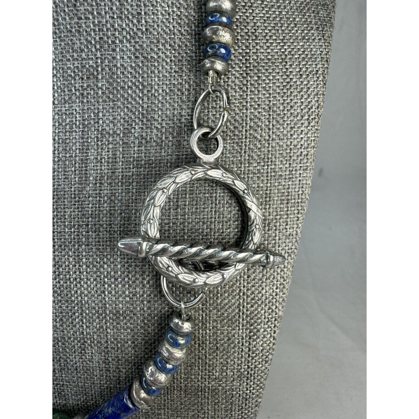 African Sea Glass & Lapis Bead Necklace 21” Boho Tribal Pendant Toggle