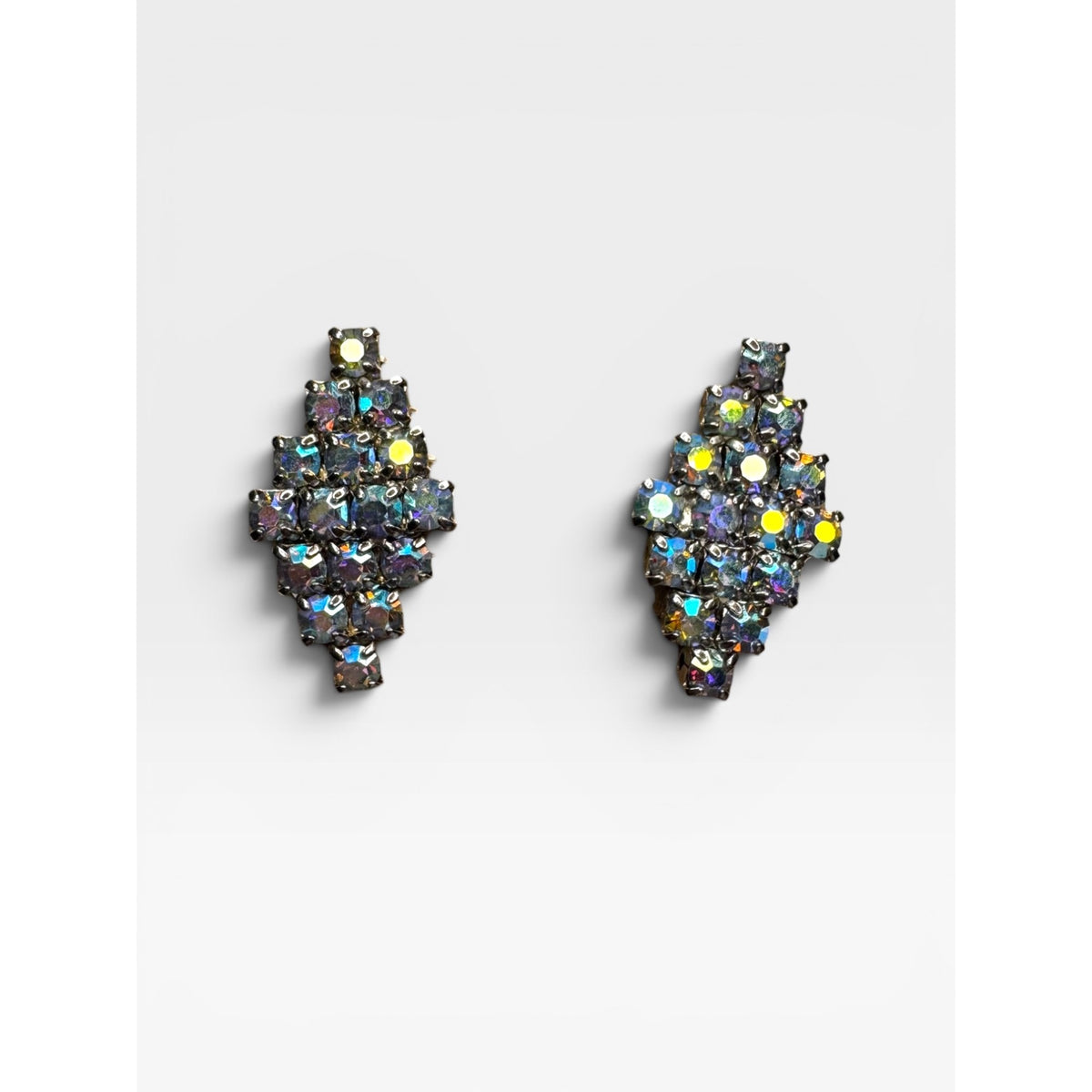 Aurora Borealis Crystal Silver Tone Clip On Earrings Vintage Mid Century