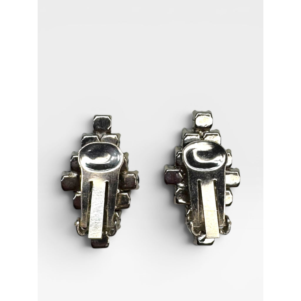Aurora Borealis Crystal Silver Tone Clip On Earrings Vintage Mid Century