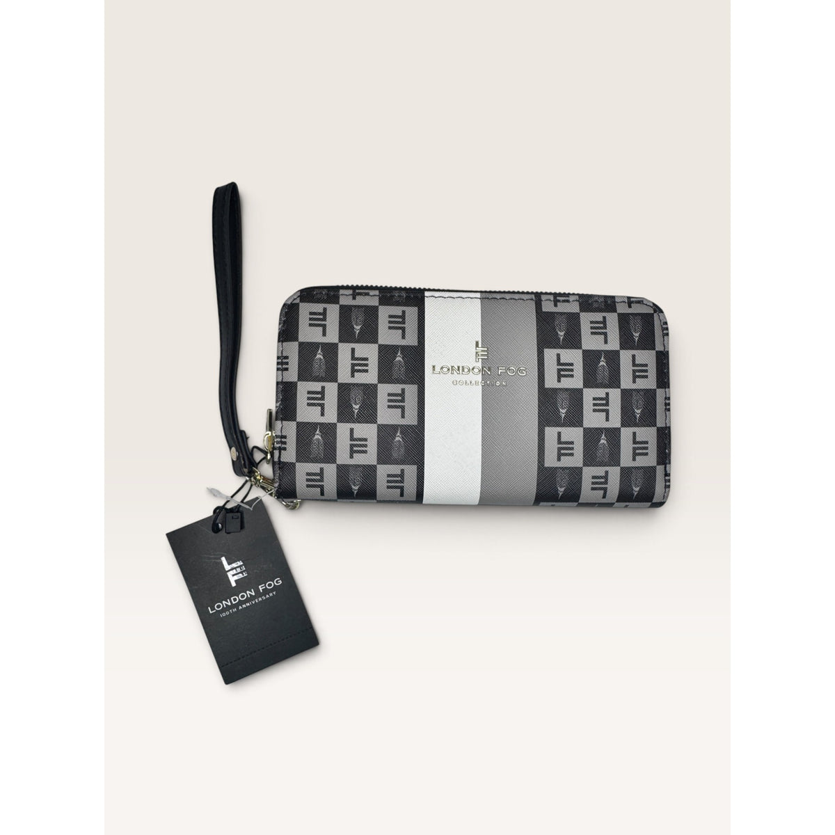 London Fog Adalia Signature Monogram Checked Zip Around Wristlet Wallet Black