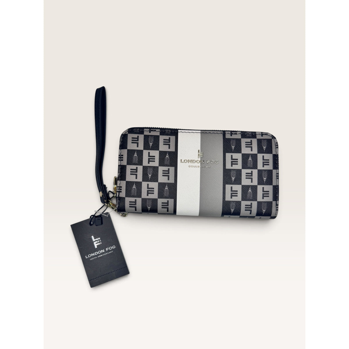 London Fog Adalia Signature Monogram Checked Zip Around Wristlet Wallet Black