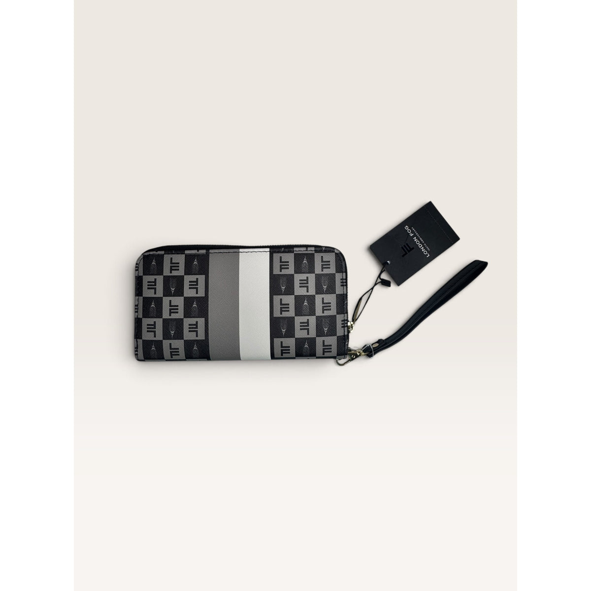 London Fog Adalia Signature Monogram Checked Zip Around Wristlet Wallet Black