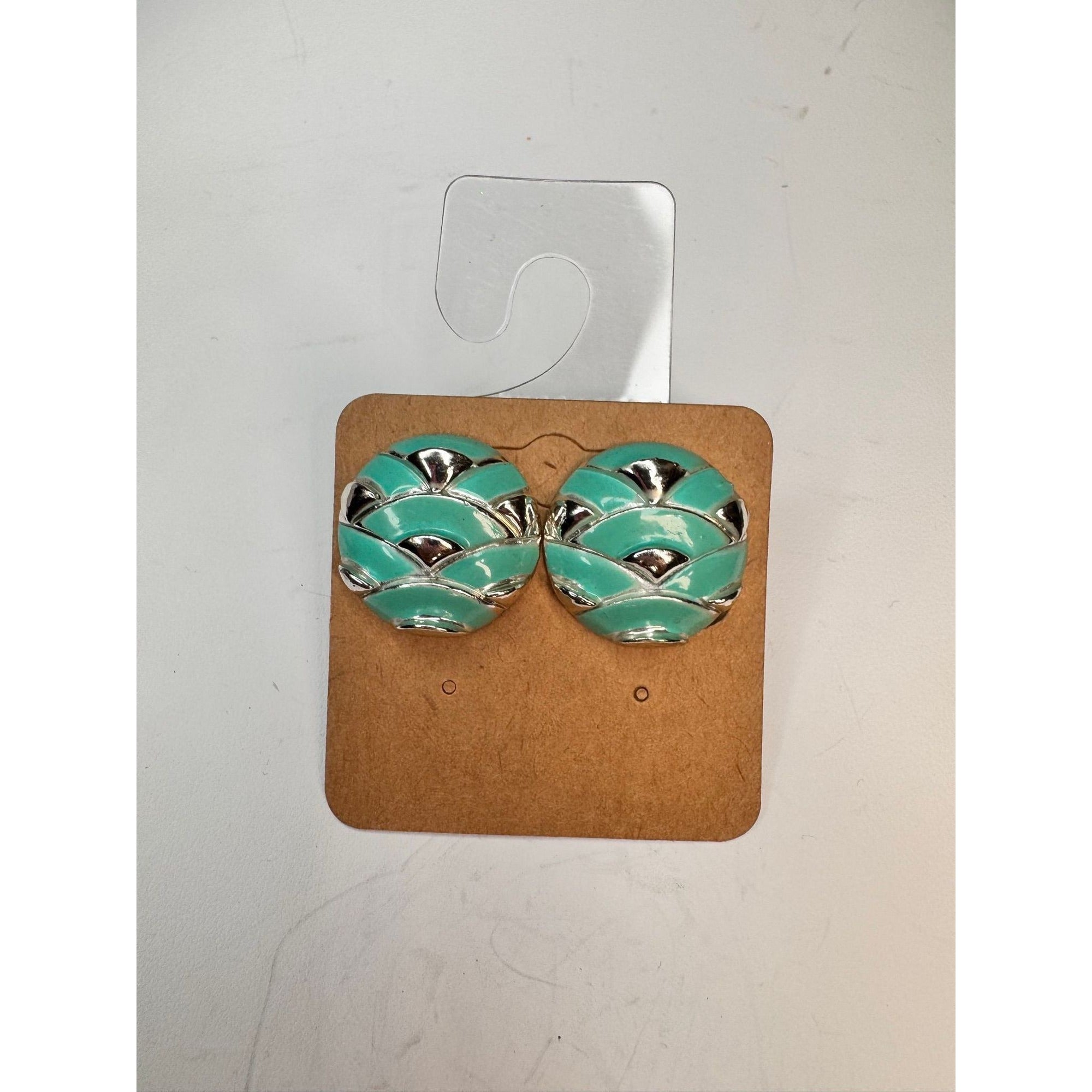 Coro teal enamel silver tone dome  screw back earrings vintage .89"