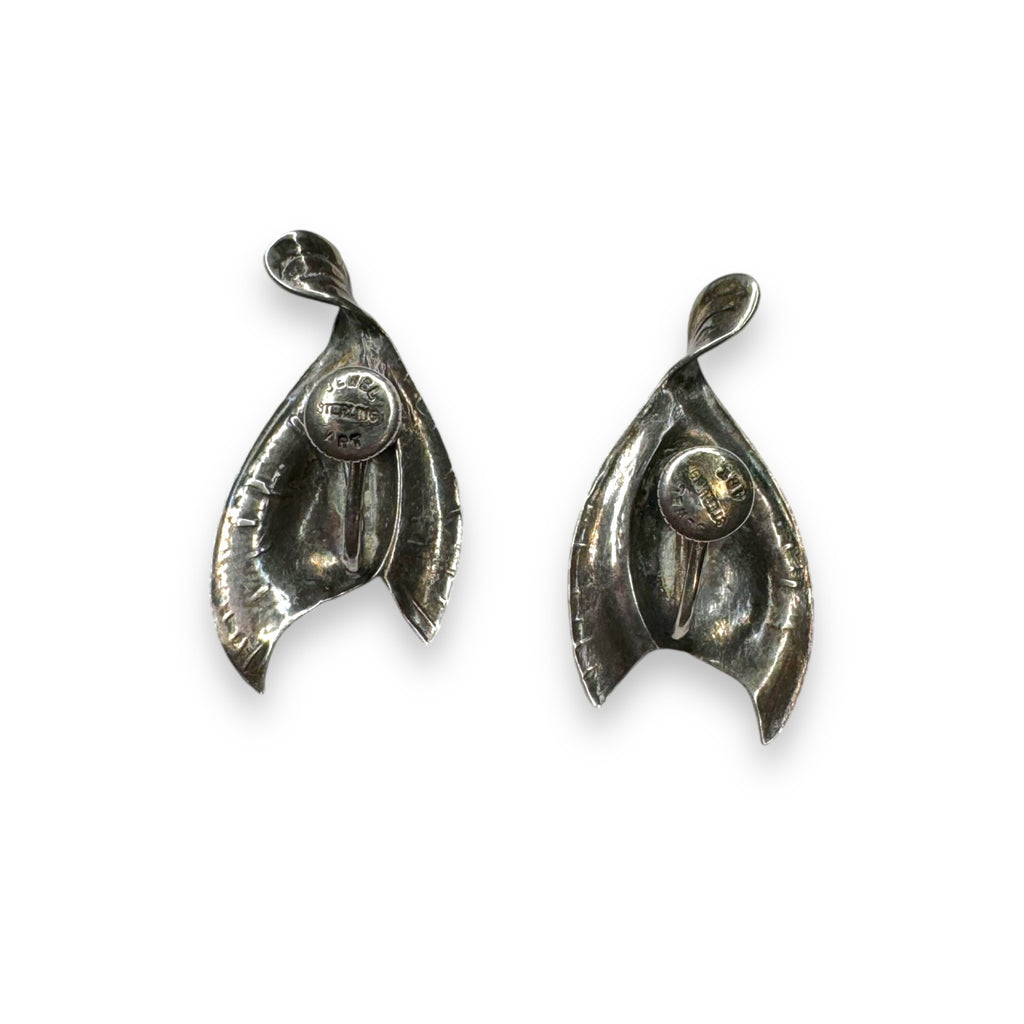 Vintage Jewelart Sterling Silver Abstract Leaf Screwback Earrings Mid Century