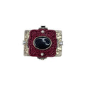 Unsigned Brooch Red Black Acrylic Faux Pearl Crystal Asian Motif Statement 2010s