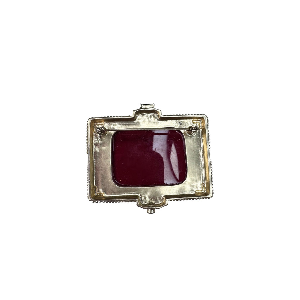 Unsigned Brooch Red Black Acrylic Faux Pearl Crystal Asian Motif Statement 2010s