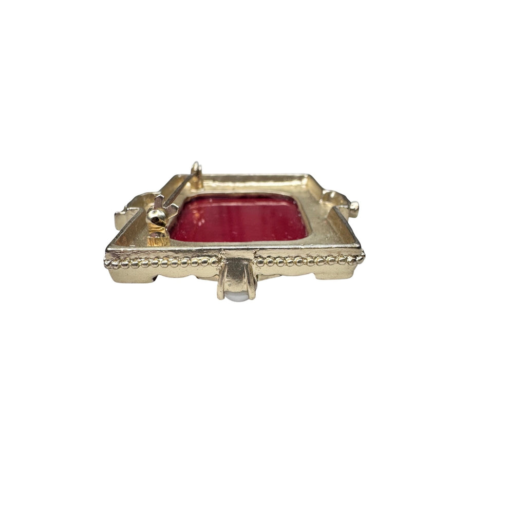 Unsigned Brooch Red Black Acrylic Faux Pearl Crystal Asian Motif Statement 2010s