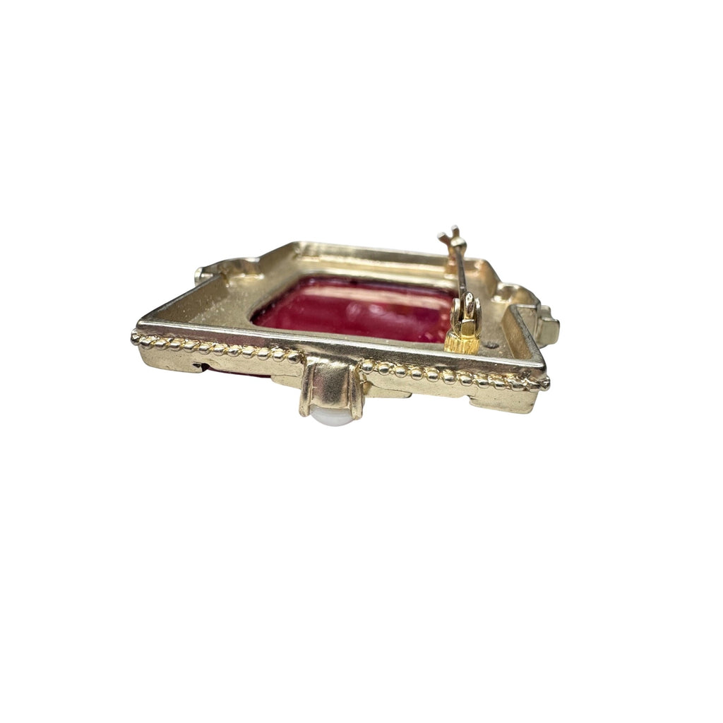 Unsigned Brooch Red Black Acrylic Faux Pearl Crystal Asian Motif Statement 2010s
