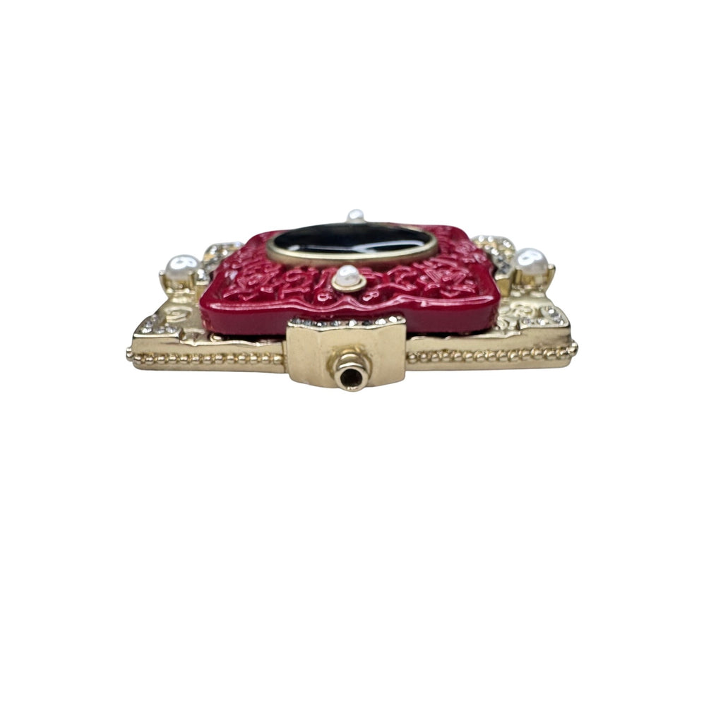 Unsigned Brooch Red Black Acrylic Faux Pearl Crystal Asian Motif Statement 2010s