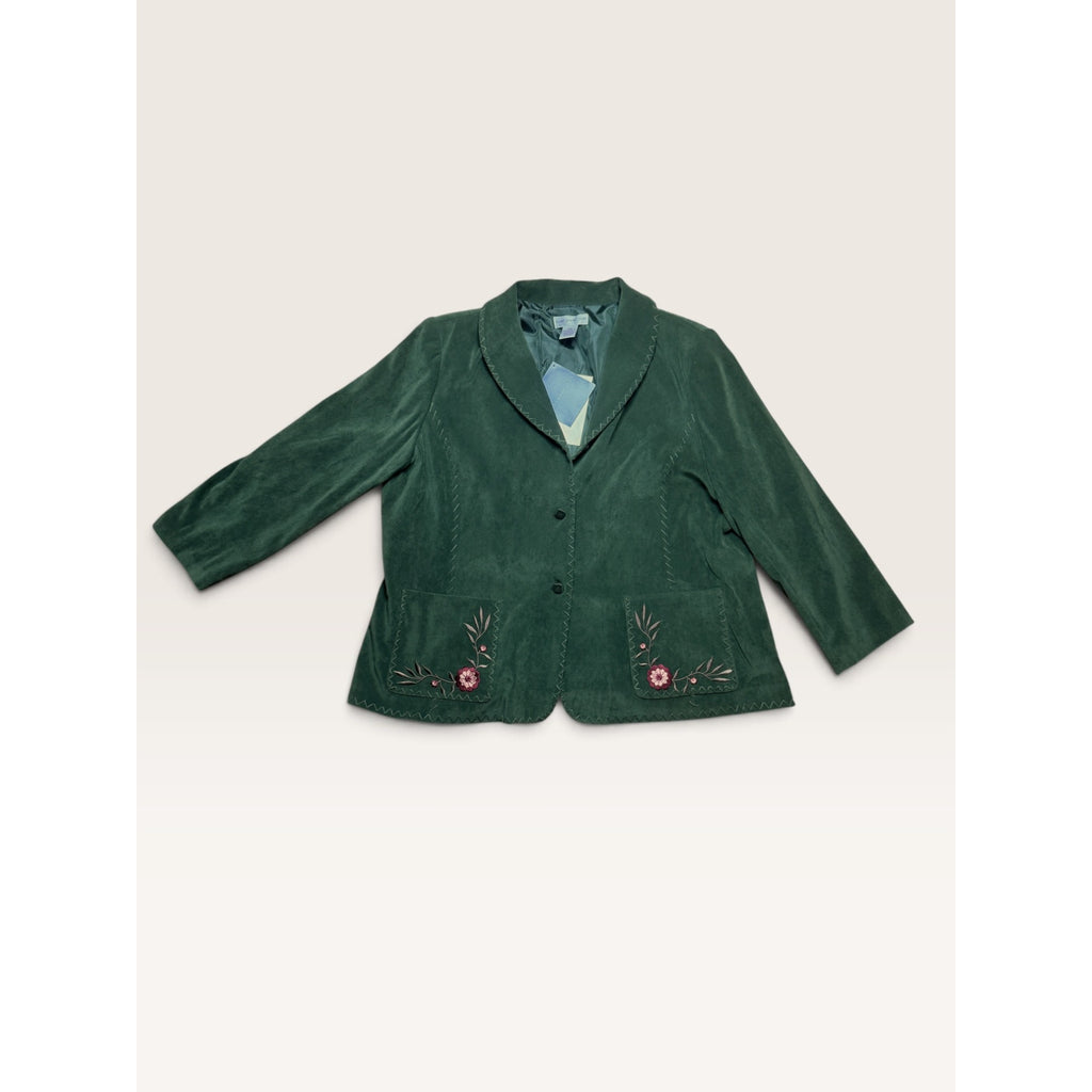 Susan Graver Womens 2X Faux Suede Embroidered Floral Blazer Jacket Olive Green