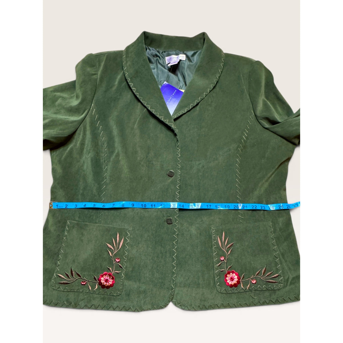 Susan Graver Womens 2X Faux Suede Embroidered Floral Blazer Jacket Olive Green