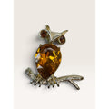 Dodds Vintage 1970s Gold Tone Amber Rhinestone Pear Body Owl Brooch 1.29"
