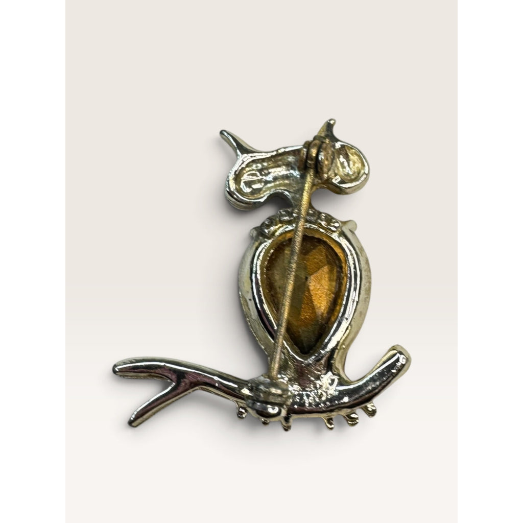 Dodds Vintage 1970s Gold Tone Amber Rhinestone Pear Body Owl Brooch 1.29"