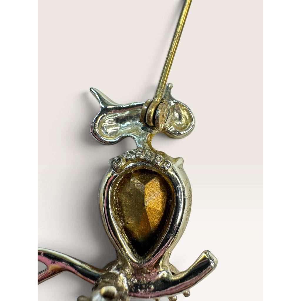 Dodds Vintage 1970s Gold Tone Amber Rhinestone Pear Body Owl Brooch 1.29"