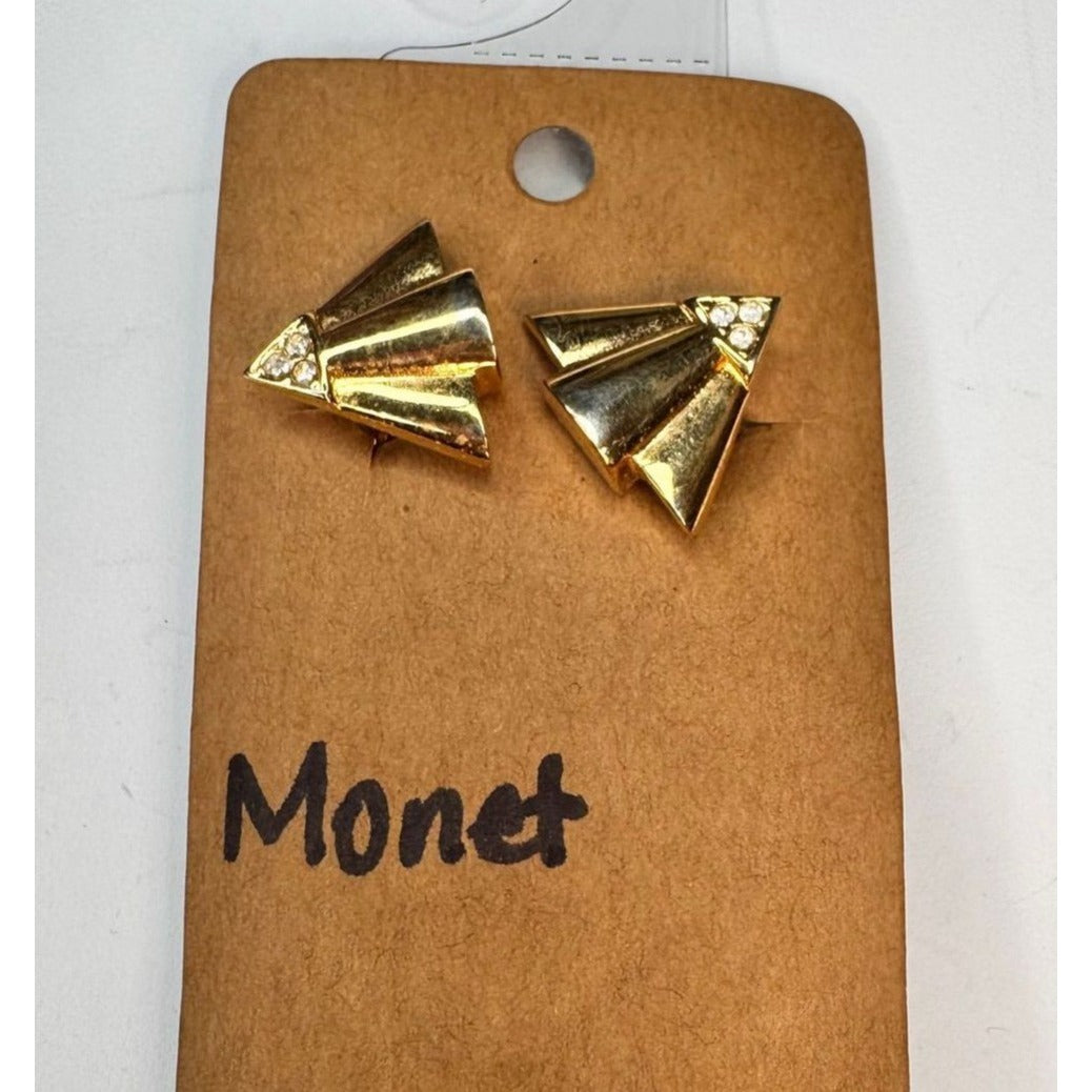 Monet gold tone crystal triangle clip on earrings vintage .77"
