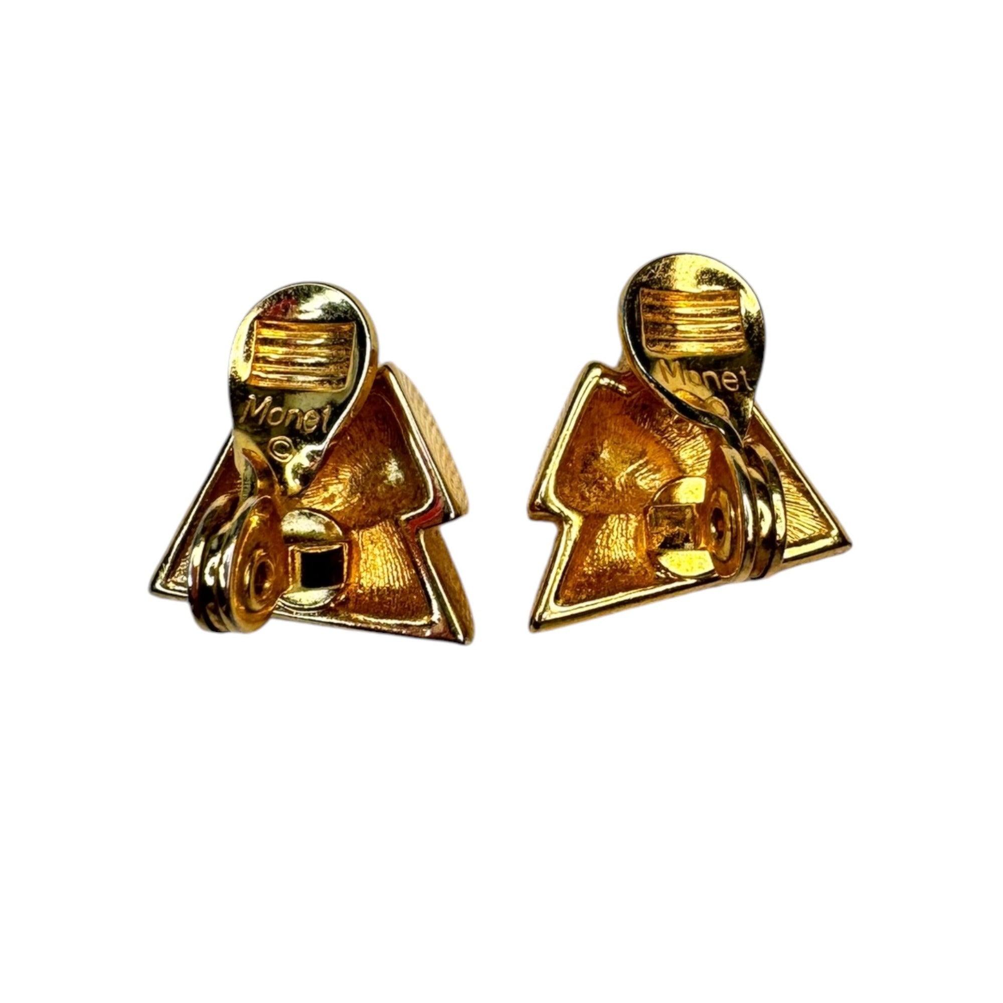 Monet gold tone crystal triangle clip on earrings vintage .77"