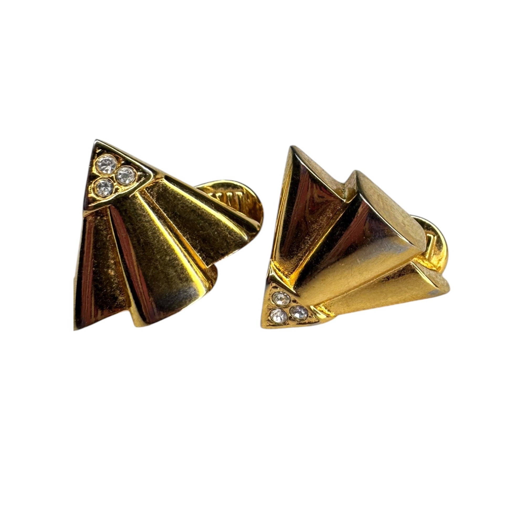 Monet gold tone crystal triangle clip on earrings vintage .77"