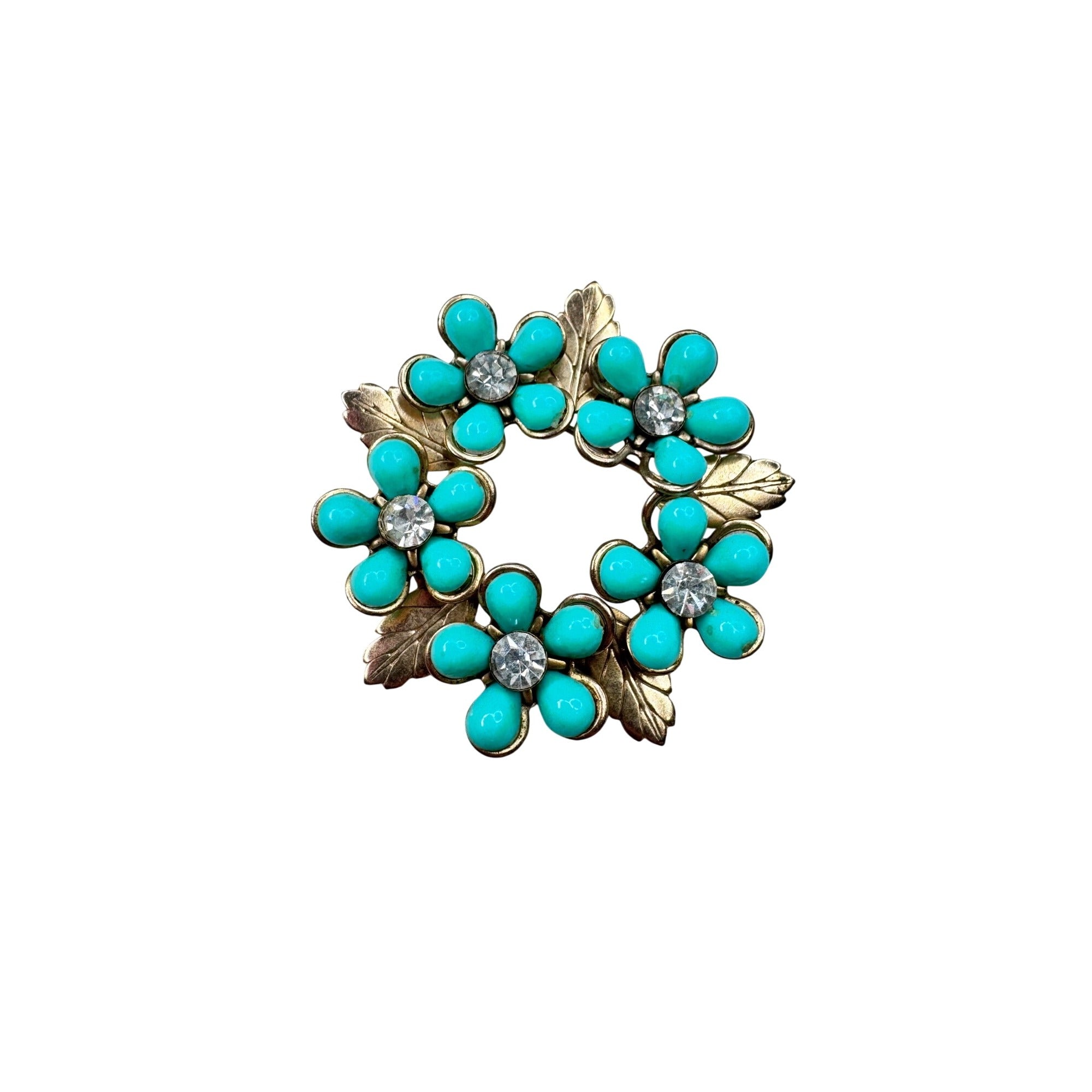 Unsigned Brooch Teal Acrylic Flower Wreath Crystal Gold Tone Floral 1960s Vintage